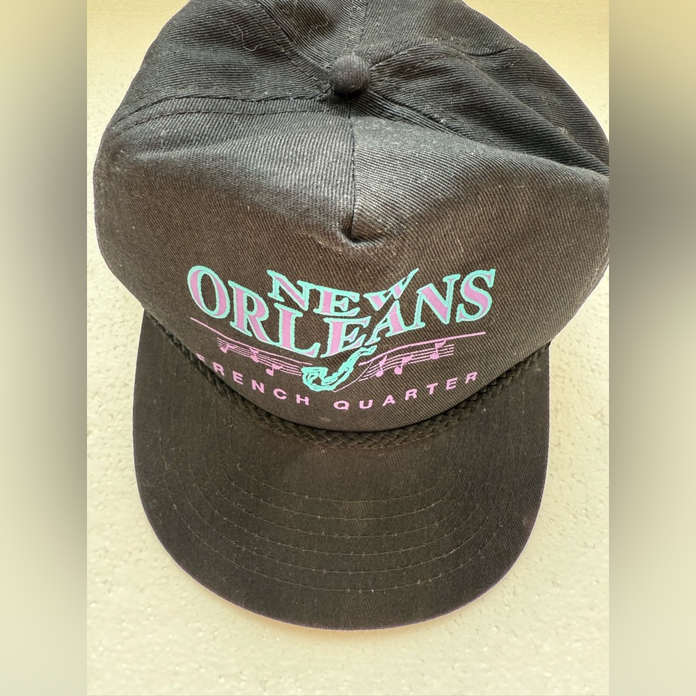 Vintage New Orleans French Quarter Black Hat with Teal & Pink Logo